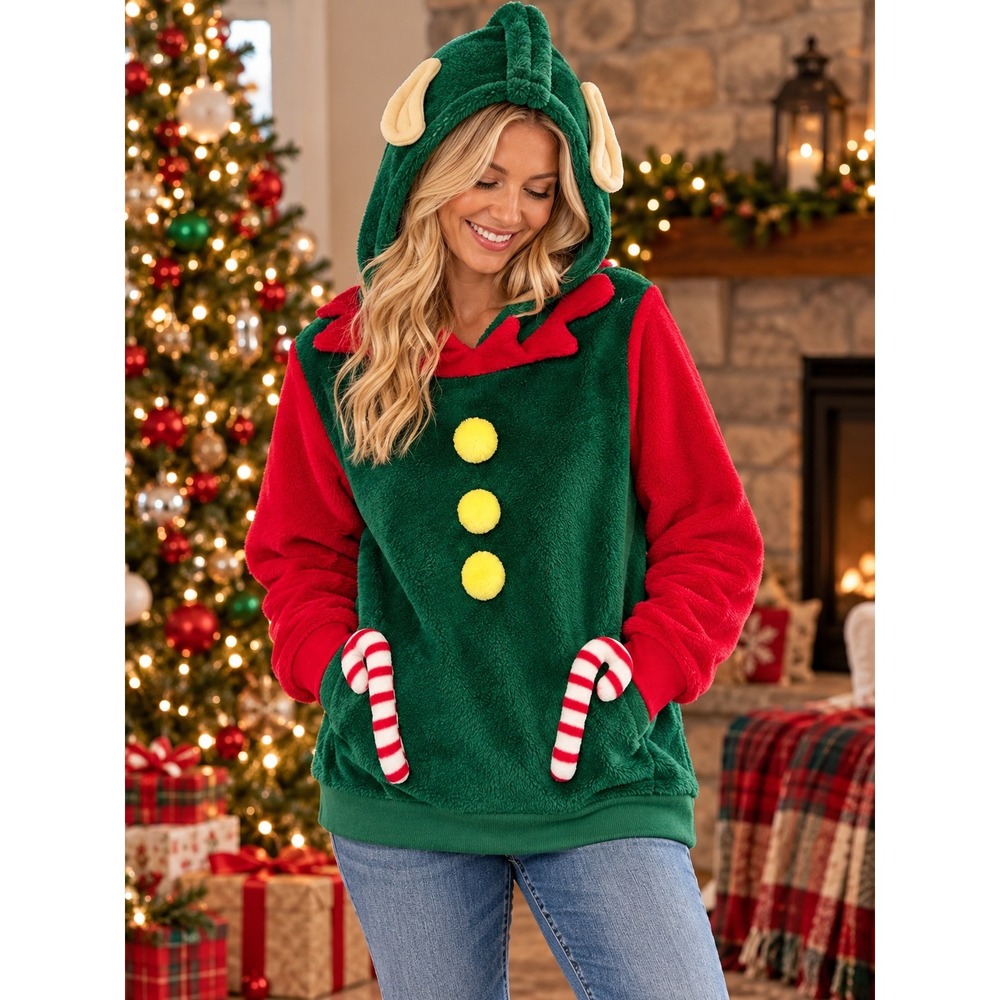 No Boundaries Christmas Elf Hoodie Junior Size L Green Red Plush Holiday Sweater